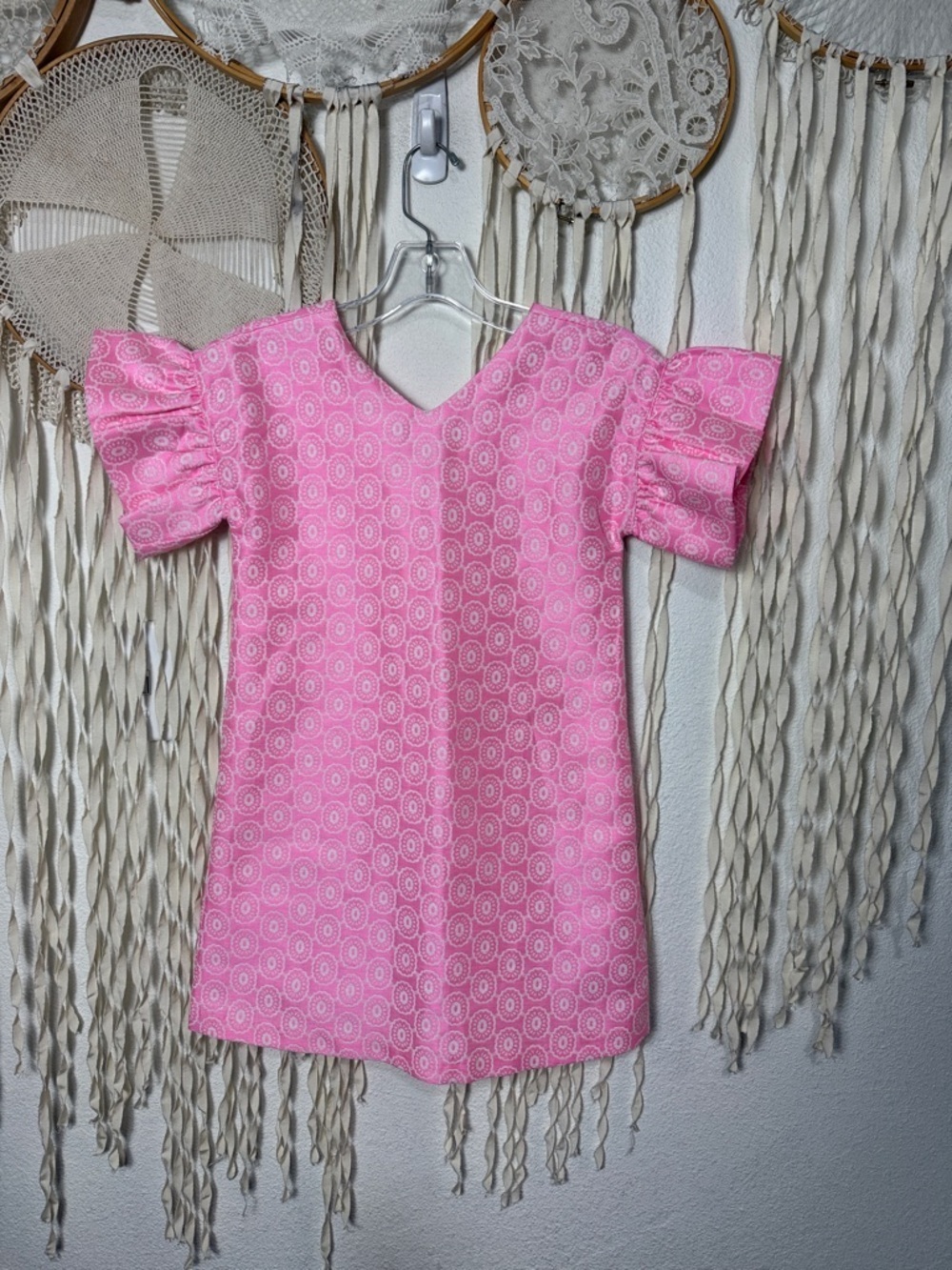 Janie and Jack Pink White Jacquard Shift Dress with Ruffle Sleeve Size 8